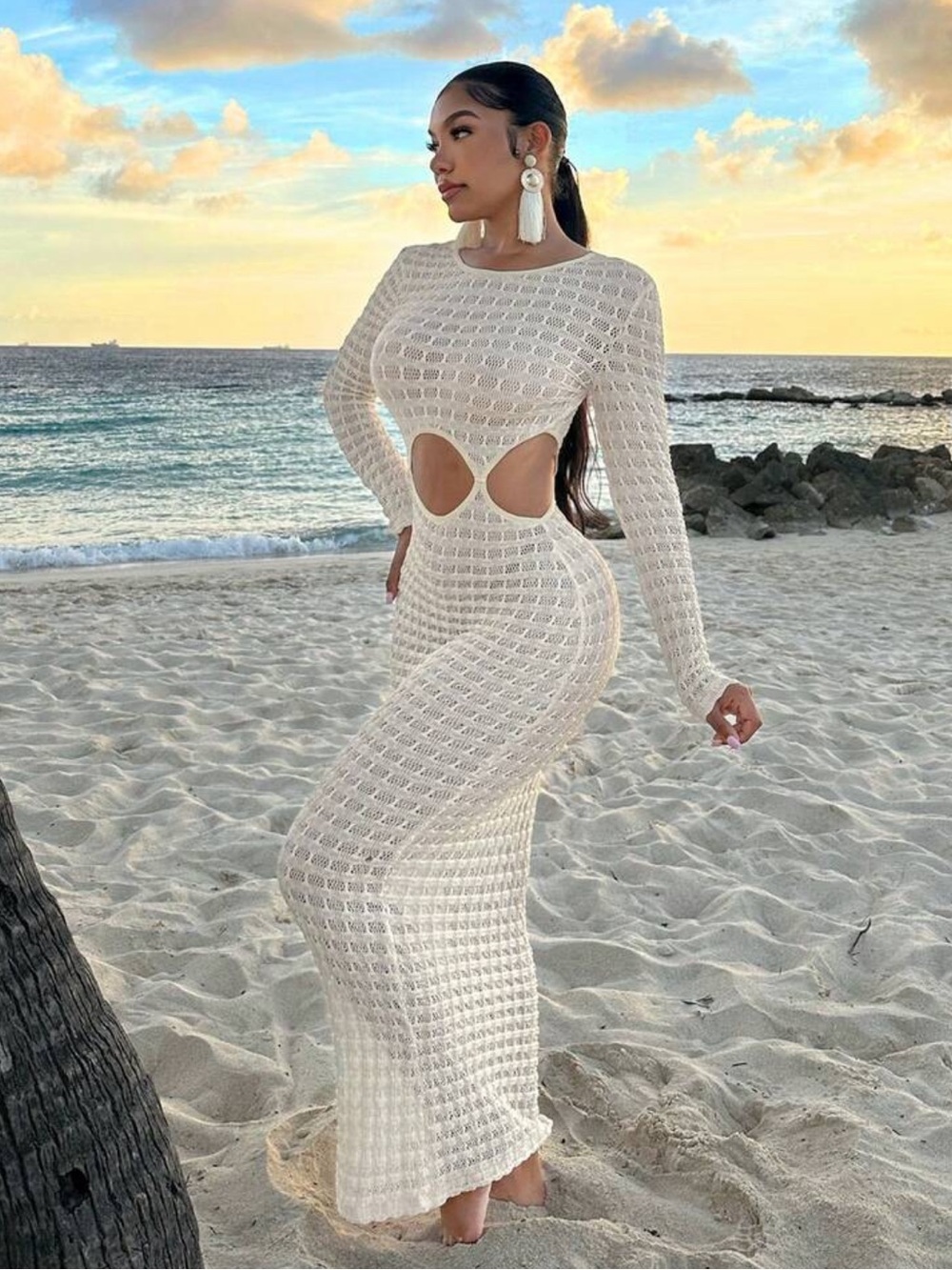 Ivory Crochet Cutout Maxi Dress Beach Swimsuit Cover Up